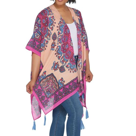 Theodora & Callum open front printed tassel Ruana kimono one size - Picture 1 of 6